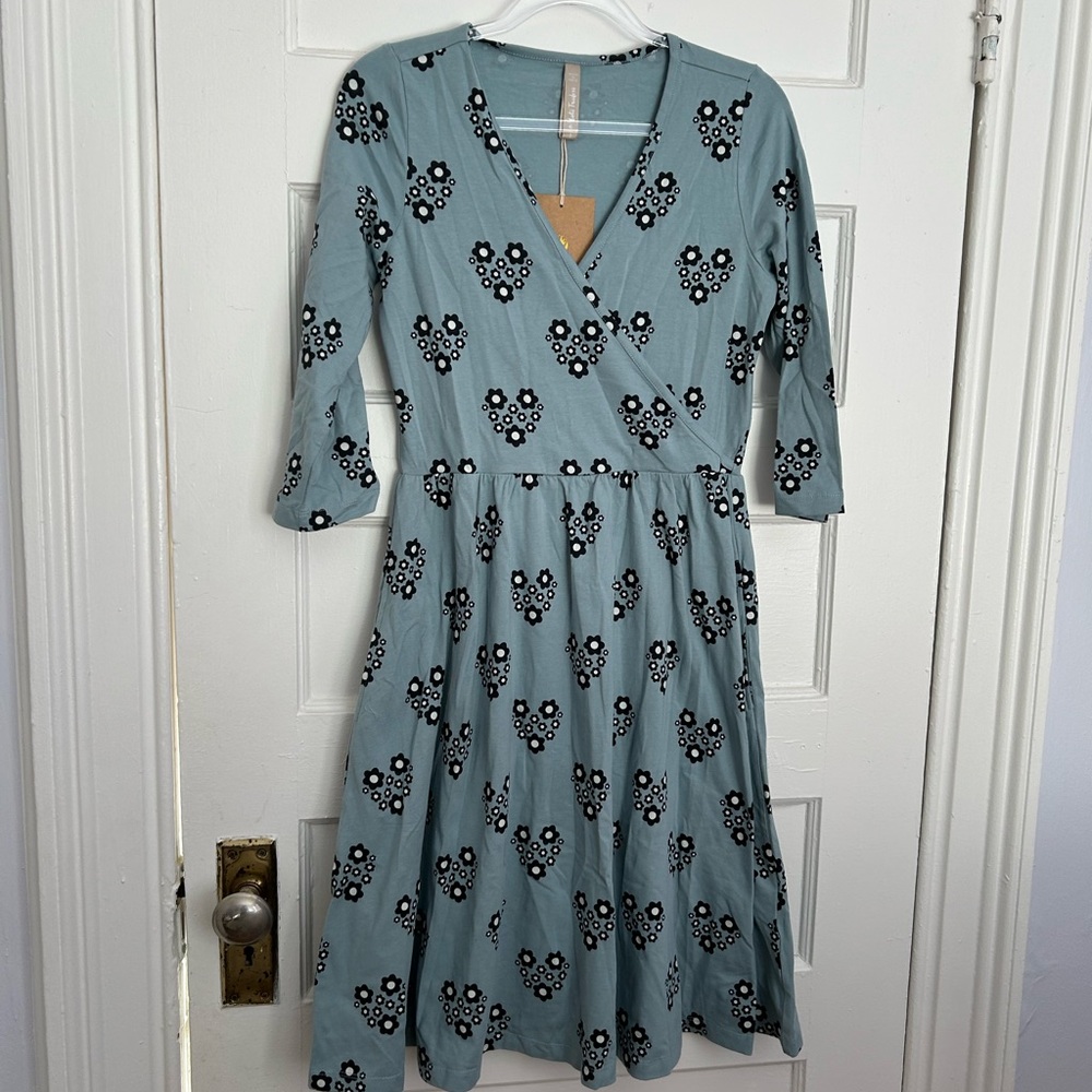 Mata Traders Callie 3/4 sleeve faux-wrap cotton dress, retro slate, W Small, NWT